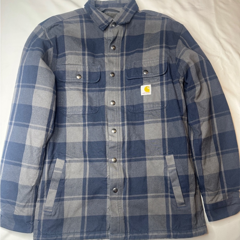 Carhartt Relaxed Fit Sherpa Lined Flannel Shirt Jacket Blue Plaid Med